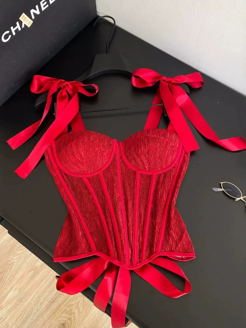 ZARA Red Lace Up Corset Cami Bow Top
